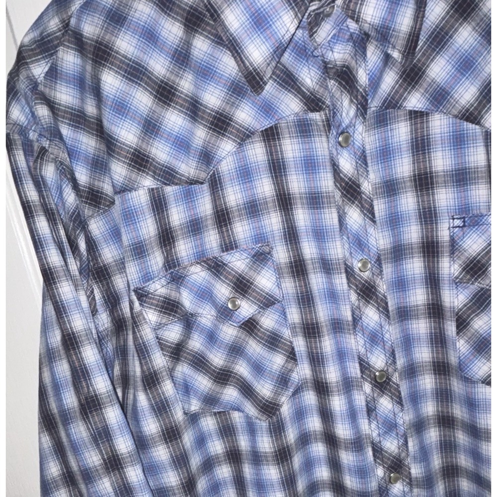 Wrangler Wrancher Mens 2XLT Tall Pearl Snap Western Shirt Plaid Blue Black L/S - Picture 6 of 9